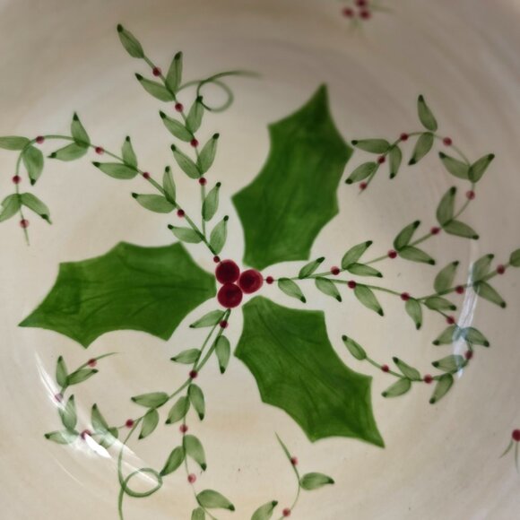 Los Angeles Pottery Laurie Gates Holiday Soup Bowl Green & Red Holly & Plaid - Picture 9 of 15